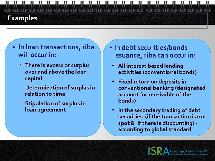 Examples • In loan transactions, riba will occur in: • In debt securities/bonds issuance, Examples • In loan transactions, riba will occur in: • In debt securities/bonds issuance,