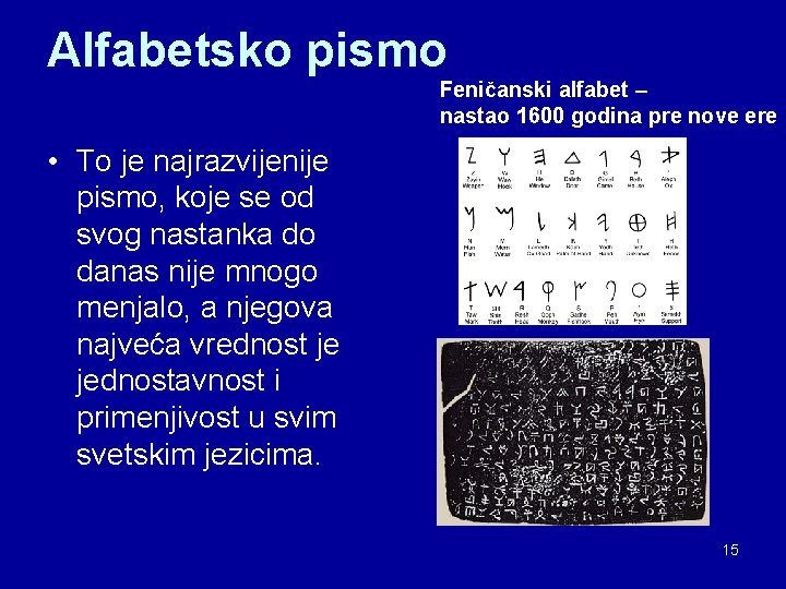 Alfabetsko pismo Feničanski alfabet – nastao 1600 godina pre nove ere • To je Alfabetsko pismo Feničanski alfabet – nastao 1600 godina pre nove ere • To je