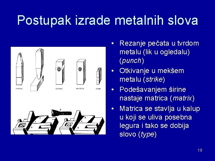 Postupak izrade metalnih slova • Rezanje pečata u tvrdom metalu (lik u ogledalu) (punch) Postupak izrade metalnih slova • Rezanje pečata u tvrdom metalu (lik u ogledalu) (punch)