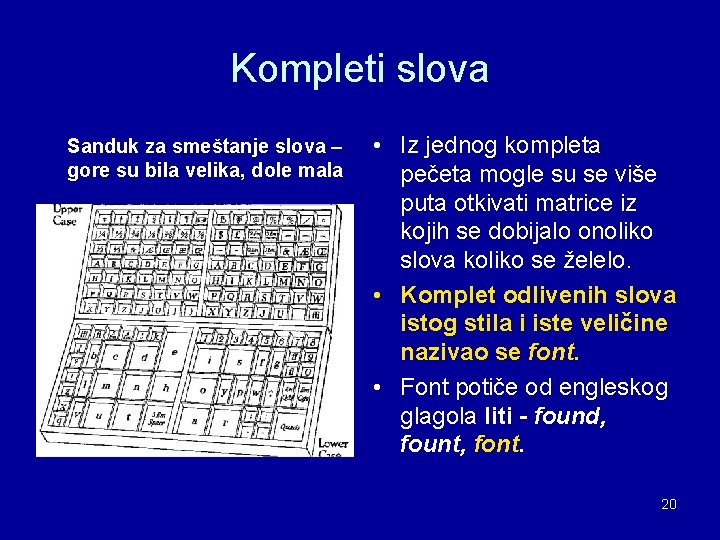 Kompleti slova Sanduk za smeštanje slova – gore su bila velika, dole mala • Kompleti slova Sanduk za smeštanje slova – gore su bila velika, dole mala •