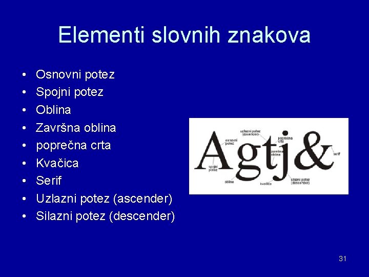 Elementi slovnih znakova • • • Osnovni potez Spojni potez Oblina Završna oblina poprečna Elementi slovnih znakova • • • Osnovni potez Spojni potez Oblina Završna oblina poprečna