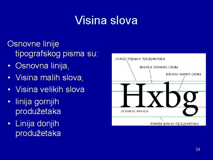 Visina slova Osnovne linije tipografskog pisma su: • Osnovna linija, • Visina malih slova, Visina slova Osnovne linije tipografskog pisma su: • Osnovna linija, • Visina malih slova,