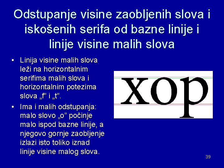 Odstupanje visine zaobljenih slova i iskošenih serifa od bazne linije i linije visine malih Odstupanje visine zaobljenih slova i iskošenih serifa od bazne linije i linije visine malih