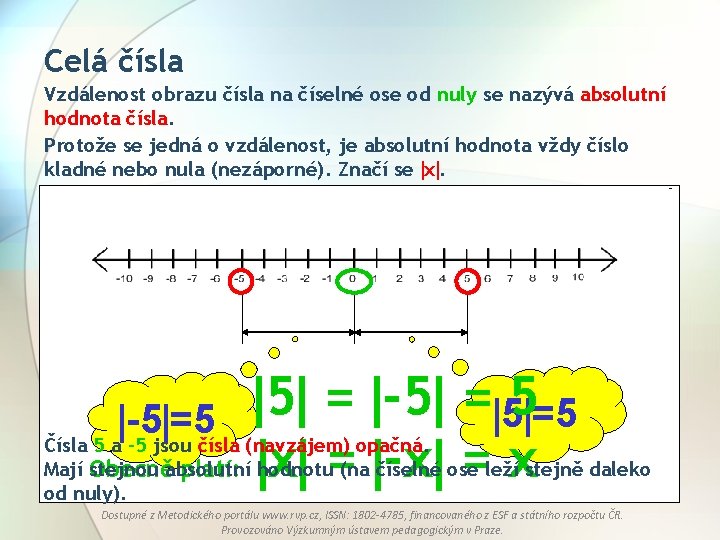 Celá čísla Vzdálenost obrazu čísla na číselné ose od nuly se nazývá absolutní hodnota