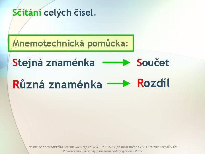 Sčítání celých čísel. Mnemotechnická pomůcka: Stejná znaménka Součet Různá znaménka Rozdíl Dostupné z Metodického