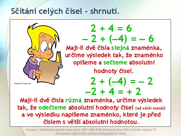 Sčítání celých čísel - shrnutí. 2+4=6 2 + ( 4) = 6 Mají-li dvě