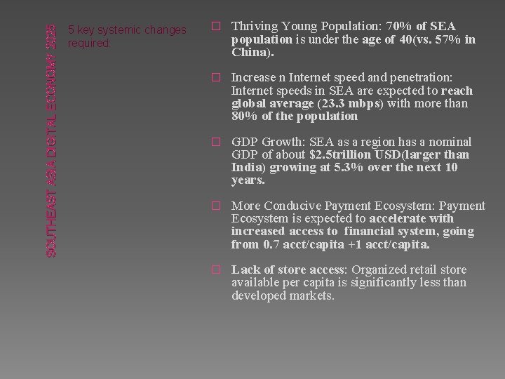 SOUTHEAST ASIA DIGITAL ECONOMY 2025 5 key systemic changes required: � Thriving Young Population: