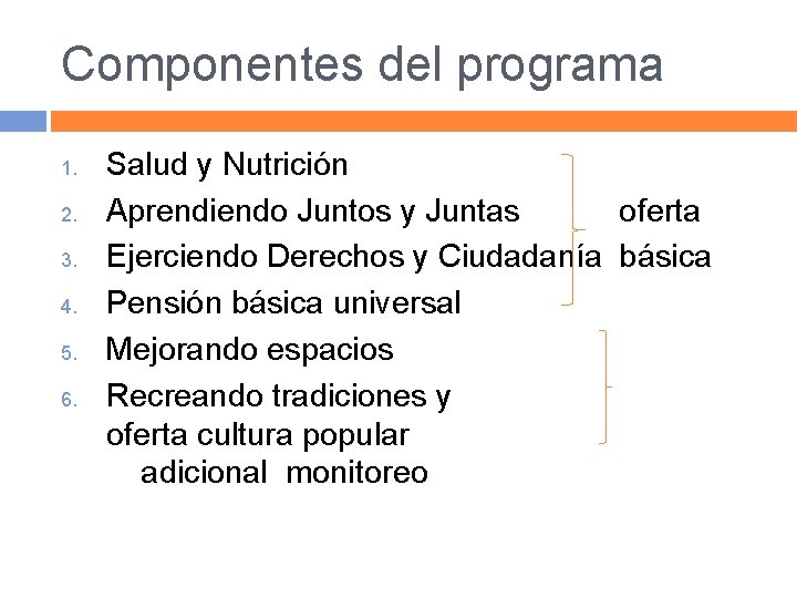 Componentes del programa 1. 2. 3. 4. 5. 6. Salud y Nutrición Aprendiendo Juntos