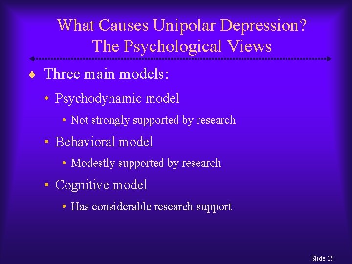 What Causes Unipolar Depression? The Psychological Views Three main models: • Psychodynamic model •
