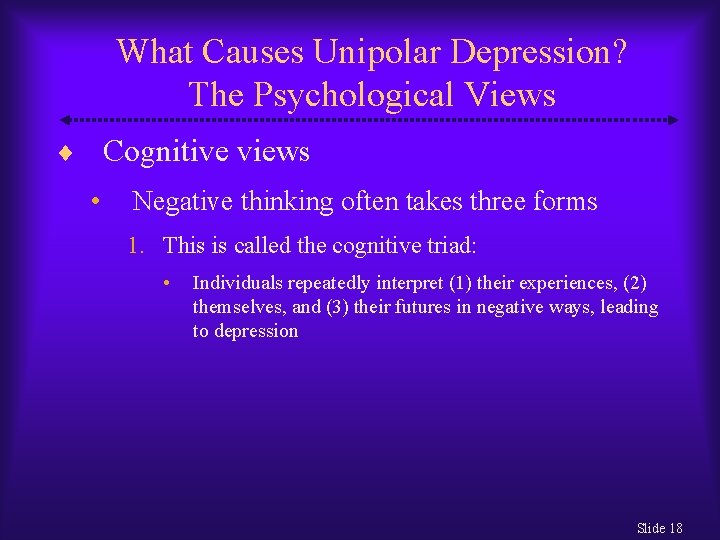 What Causes Unipolar Depression? The Psychological Views Cognitive views • Negative thinking often takes