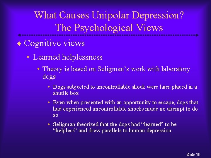 What Causes Unipolar Depression? The Psychological Views Cognitive views • Learned helplessness • Theory