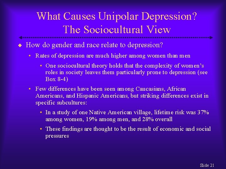 What Causes Unipolar Depression? The Sociocultural View How do gender and race relate to