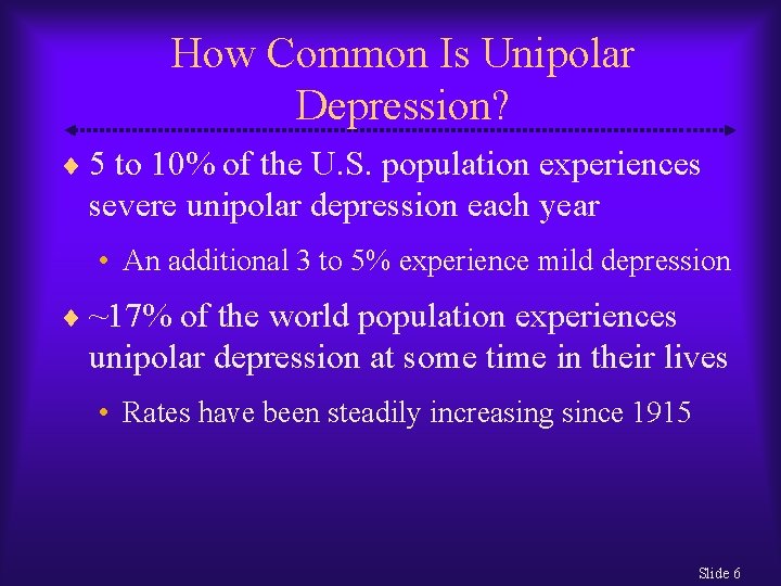 How Common Is Unipolar Depression? 5 to 10% of the U. S. population experiences