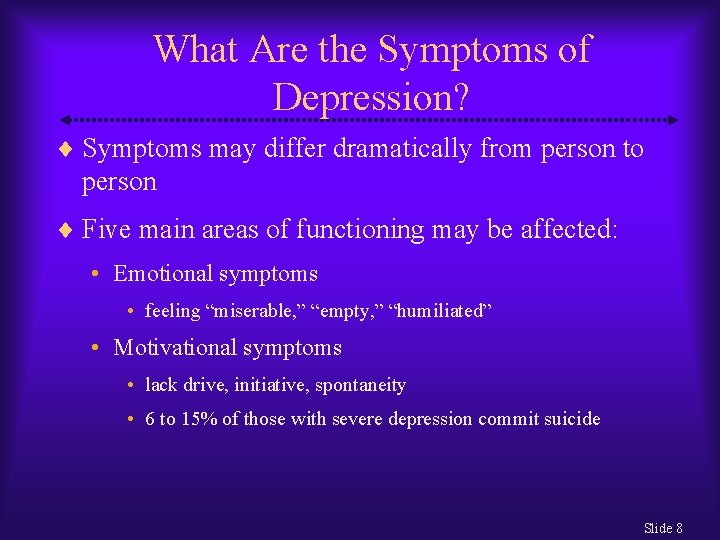 What Are the Symptoms of Depression? Symptoms may differ dramatically from person to person