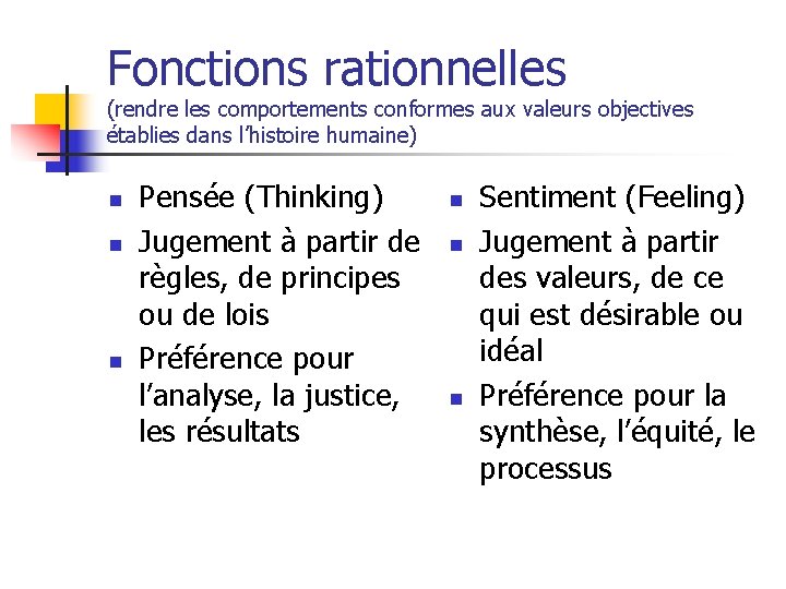 Fonctions rationnelles (rendre les comportements conformes aux valeurs objectives établies dans l’histoire humaine) n