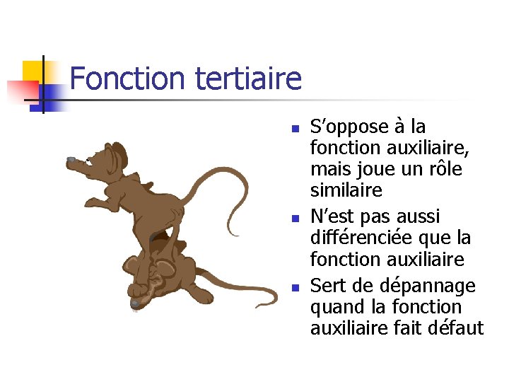 Fonction tertiaire n n n S’oppose à la fonction auxiliaire, mais joue un rôle