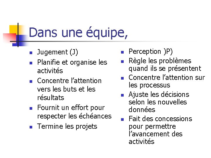 Dans une équipe, n n n Jugement (J) Planifie et organise les activités Concentre