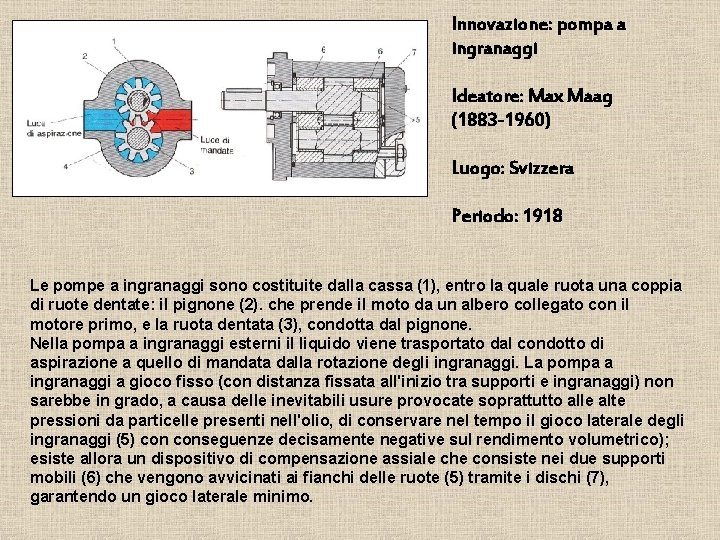 Innovazione: pompa a ingranaggi Ideatore: Max Maag (1883 -1960) Luogo: Svizzera Periodo: 1918 Le