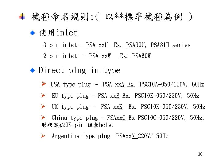 機種命名規則: ( 以**標準機種為例 ) 使用inlet 3 pin inlet - PSA xx. U 2 pin 機種命名規則: ( 以**標準機種為例 ) 使用inlet 3 pin inlet - PSA xx. U 2 pin