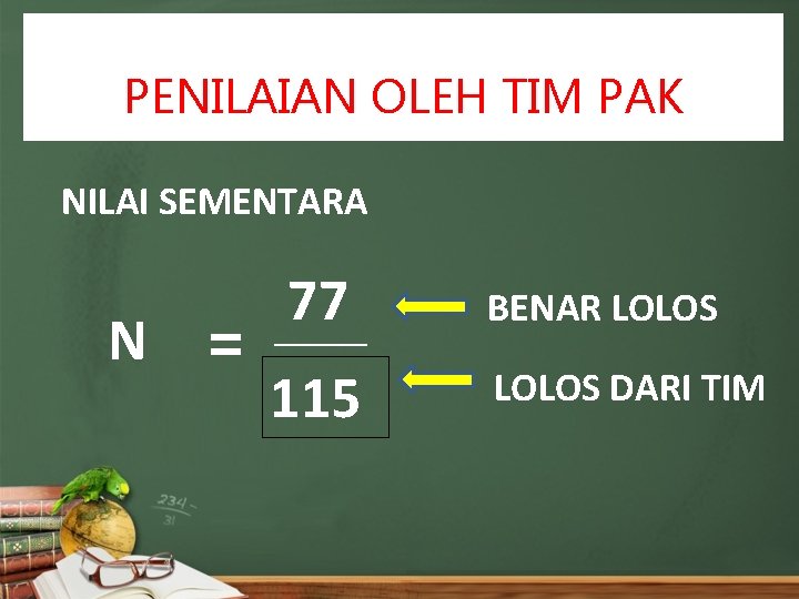 PENILAIAN OLEH TIM PAK NILAI SEMENTARA N = 77 _______ BENAR LOLOS 115 LOLOS