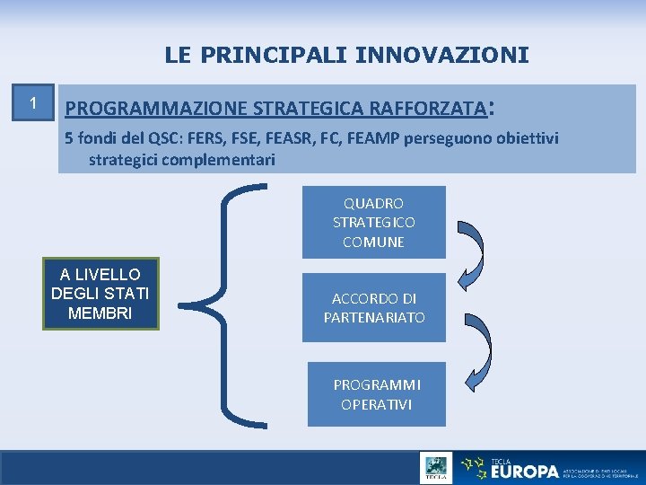 LE PRINCIPALI INNOVAZIONI PROGRAMMAZIONE STRATEGICA RAFFORZATA: 1 5 fondi del QSC: FERS, FSE, FEASR,