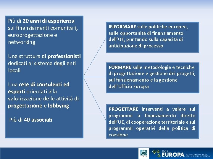 Più di 20 anni di esperienza sui finanziamenti comunitari, europrogettazione e networking Una struttura