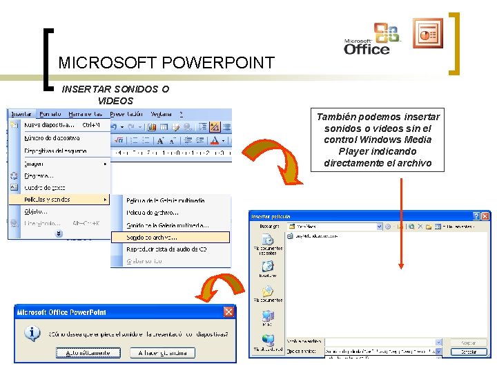MICROSOFT POWERPOINT INSERTAR SONIDOS O VIDEOS También podemos insertar sonidos o videos sin el MICROSOFT POWERPOINT INSERTAR SONIDOS O VIDEOS También podemos insertar sonidos o videos sin el