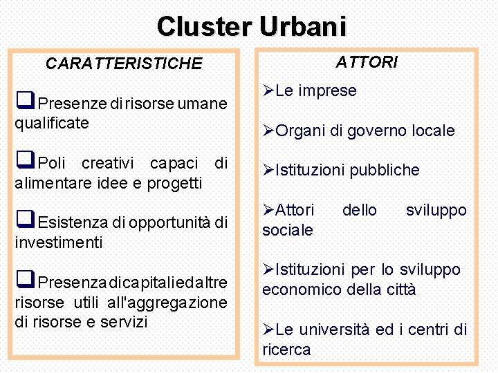 Cluster Urbani ATTORI CARATTERISTICHE q. Presenze di risorse umane ØLe imprese qualificate ØOrgani di