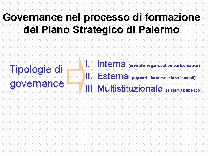 Governance nel processo di formazione del Piano Strategico di Palermo Tipologie di governance I.