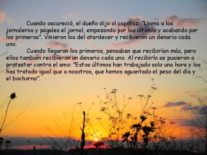 Cuando oscureció, el dueño dijo al capataz: “Llama a los jornaleros y págales el