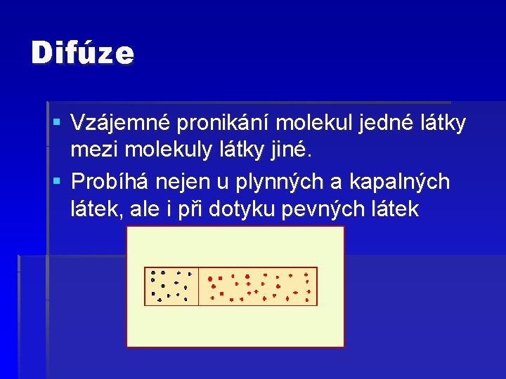 Difúze § Vzájemné pronikání molekul jedné látky mezi molekuly látky jiné. § Probíhá nejen