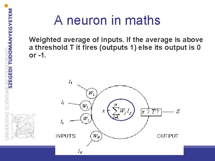 A neuron in maths Weighted average of inputs. If the average is above a
