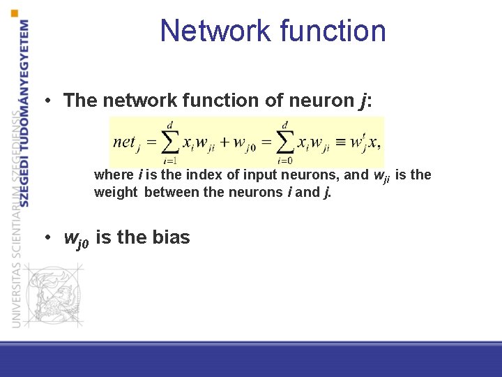 Network function • The network function of neuron j: where i is the index