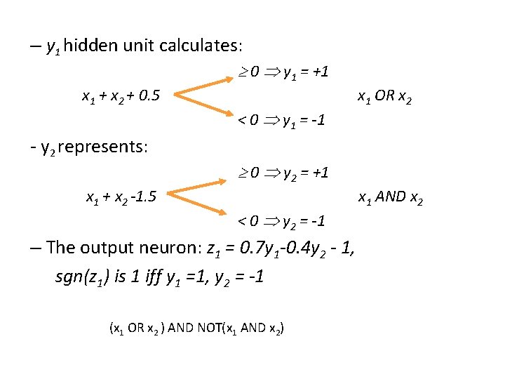 – y 1 hidden unit calculates: 0 y 1 = +1 x 1 +