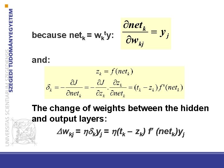 because netk = wkty: and: The change of weights between the hidden and output