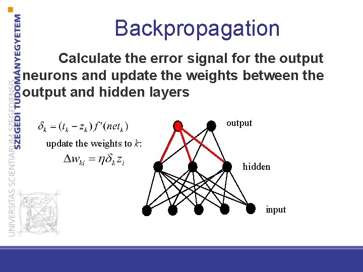Backpropagation Calculate the error signal for the output neurons and update the weights between