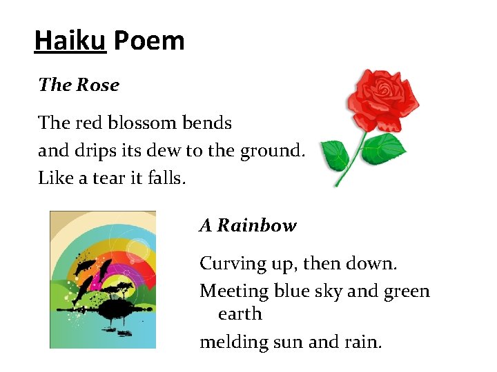 Haiku Poem The Rose The red blossom bends and drips its dew to the