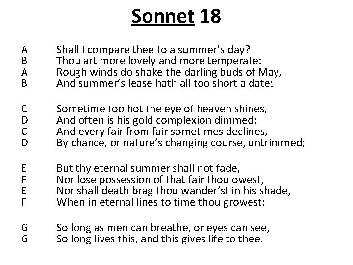 Sonnet 18 A B Shall I compare thee to a summer’s day? Thou art