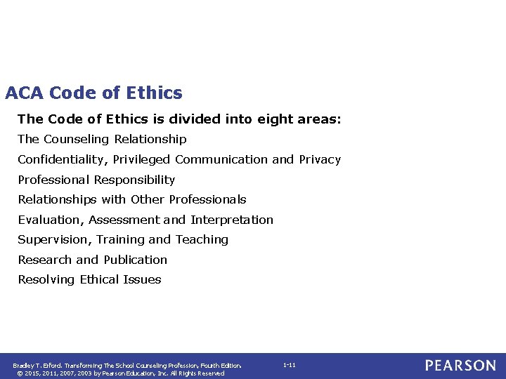 ACA Code of Ethics The Code of Ethics is divided into eight areas: The