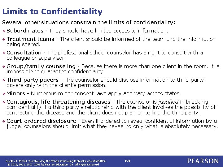 Limits to Confidentiality Several other situations constrain the limits of confidentiality: v Subordinates -