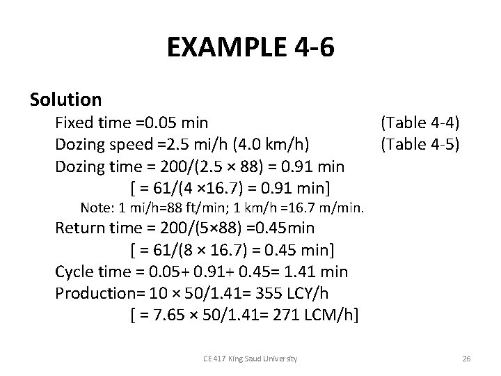 EXAMPLE 4 -6 Solution Fixed time =0. 05 min Dozing speed =2. 5 mi/h