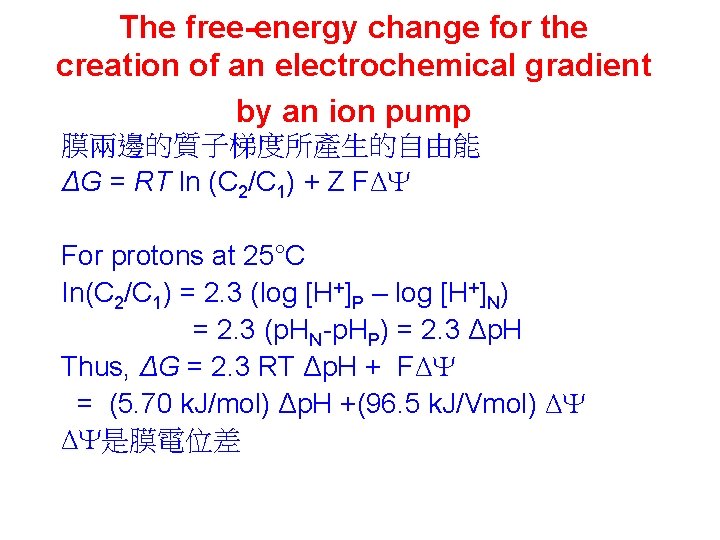 The free-energy change for the creation of an electrochemical gradient by an ion pump The free-energy change for the creation of an electrochemical gradient by an ion pump