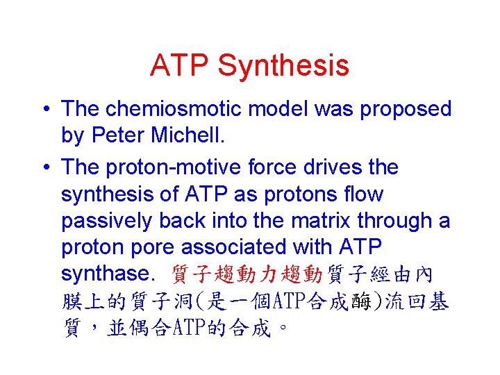 ATP Synthesis • The chemiosmotic model was proposed by Peter Michell. • The proton-motive