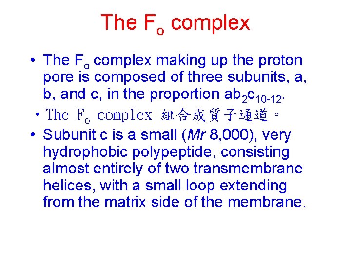The Fo complex • The Fo complex making up the proton pore is composed