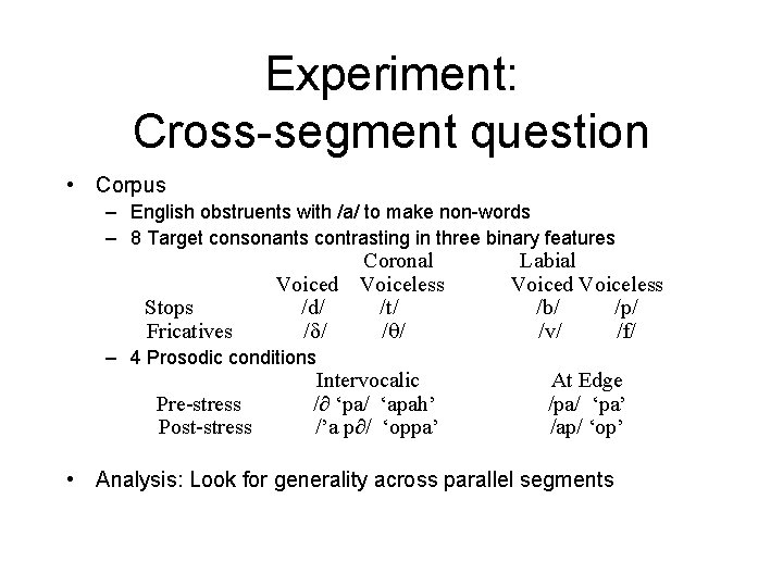 Experiment: Cross-segment question • Corpus – English obstruents with /a/ to make non-words –