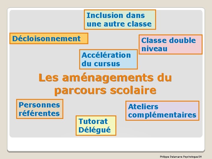 Inclusion dans une autre classe Décloisonnement Accélération du cursus Classe double niveau Les aménagements Inclusion dans une autre classe Décloisonnement Accélération du cursus Classe double niveau Les aménagements
