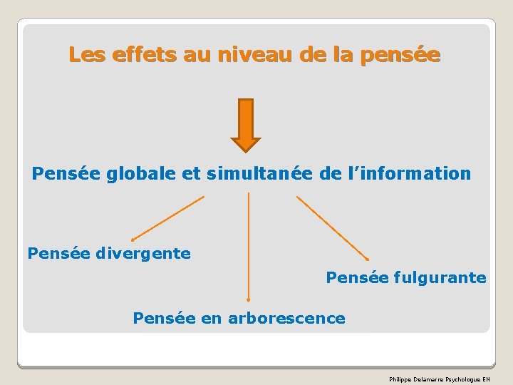 Les effets au niveau de la pensée Pensée globale et simultanée de l’information Pensée Les effets au niveau de la pensée Pensée globale et simultanée de l’information Pensée