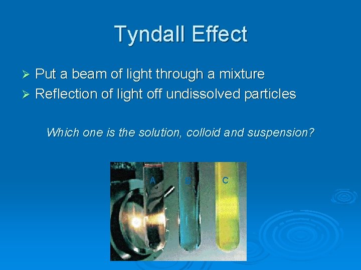 Tyndall Effect Put a beam of light through a mixture Ø Reflection of light