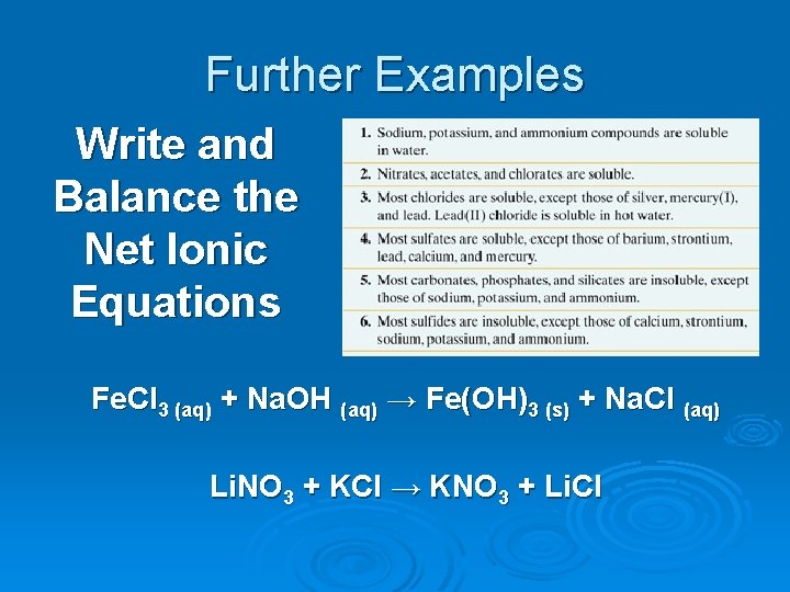 Further Examples Write and Balance the Net Ionic Equations Fe. Cl 3 (aq) +