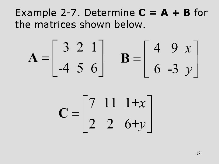 Example 2 -7. Determine C = A + B for the matrices shown below.